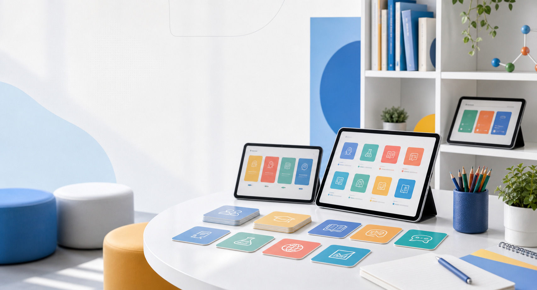 A bright Koydo app ecosystem table with tablets and learning cards