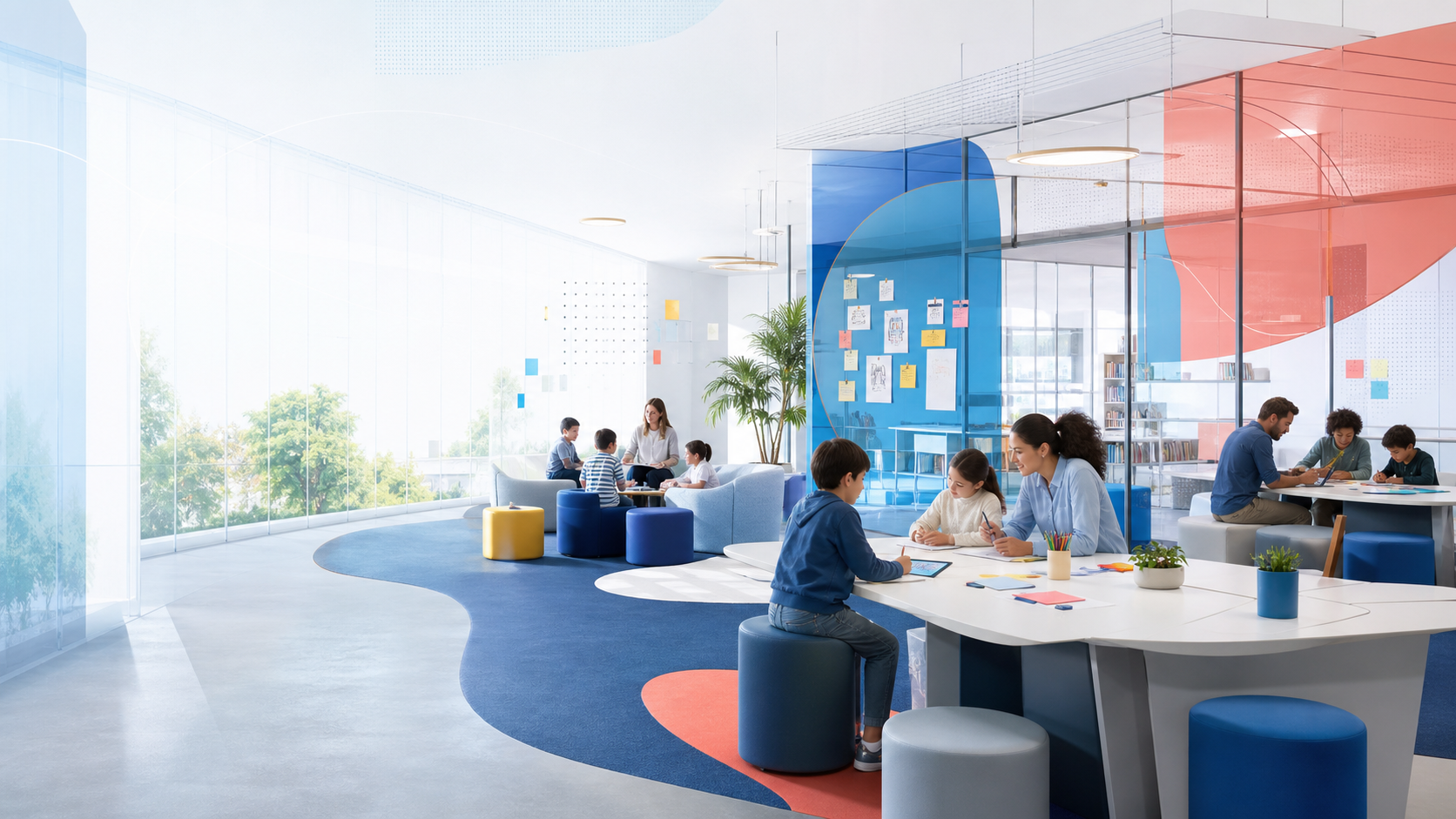 A bright Koydo learning commons with learners, families, and educators collaborating