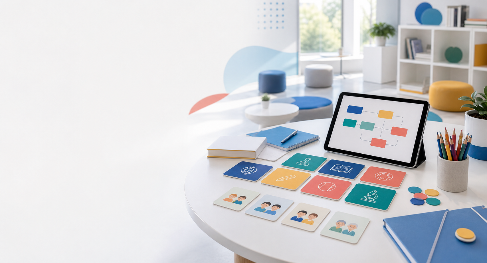 A bright Koydo discovery table with organized learning paths and study materials