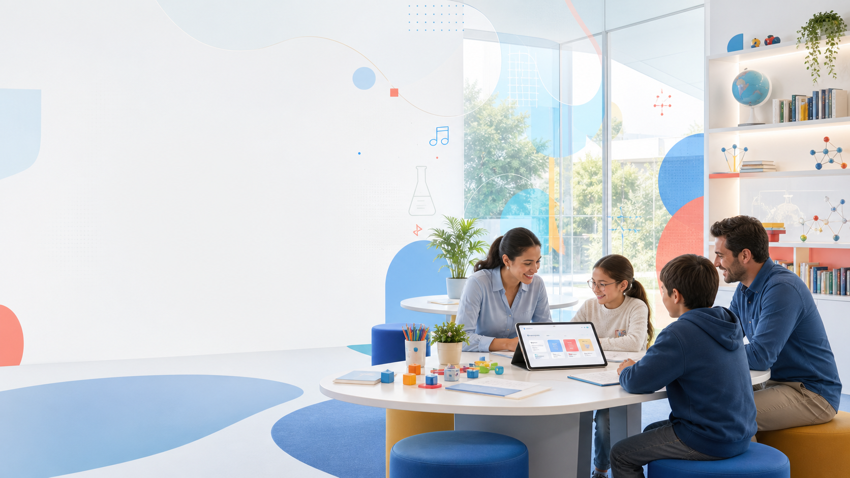 A bright Koydo learning studio with a learner and family working together