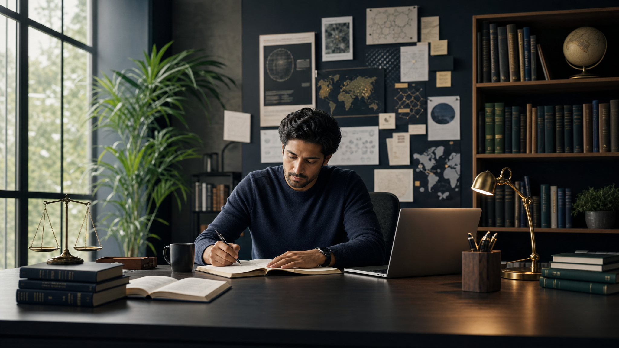 A graduate learner working in a quiet research workspace with advanced study materials.