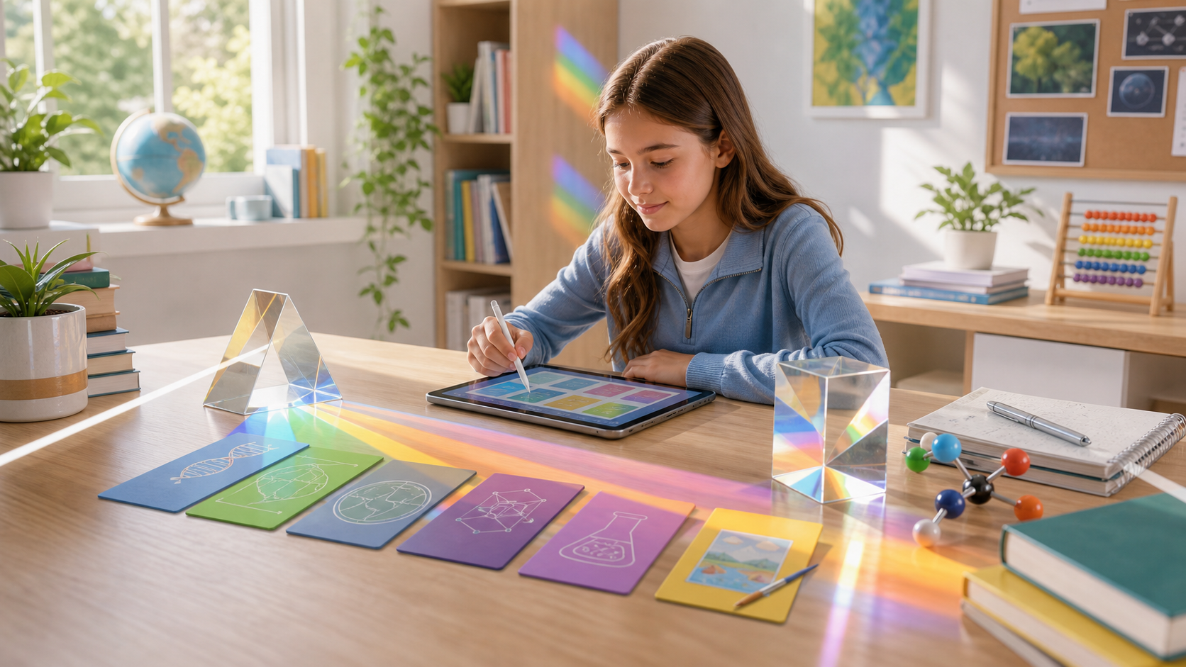 A bright learning studio with prism light across books, tablets, and subject cards