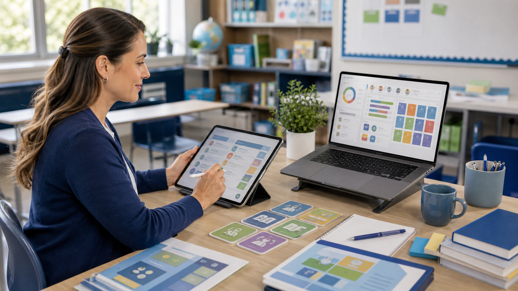 A bright teacher console workspace with class cards and progress planning materials